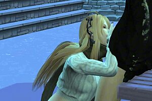 in this 3d game, on a snowy day, the couple fucks in public