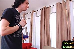 Sissy guy gets spanked and banged with strapon by femdom babes in group