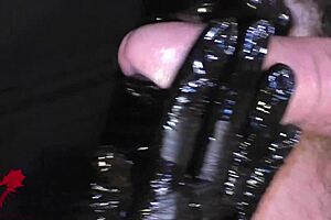 Oiled handjob with latex gloves focuses on peehole play and detailed squirting cumshot orgasm