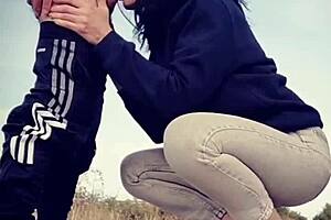 She gives a blowjob then bends over for doggystyle on the road.