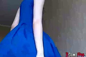 Blonde teen fingers herself with dildo in dress during homemade webcam masturbation