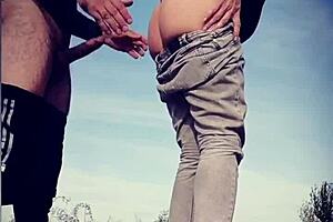 She gives a blowjob then bends over for doggystyle on the road.