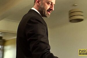 Rough dom slaps bent-over subslut during cowgirl fucking in garage, ending with facial