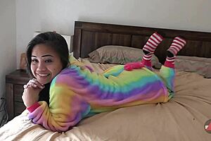 Asian Cosplay Critter Strips Striped Socks Teasingly