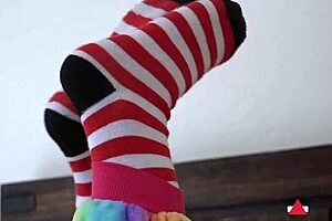 Asian Cosplay Critter Strips Striped Socks Teasingly