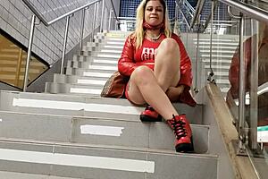 Blonde teases pussy in public