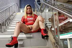 Blonde teases pussy in public