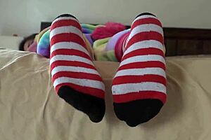 Asian Cosplay Critter Strips Striped Socks Teasingly