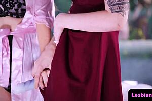 Redhead lesbian gets strapon fucked in wild foursome with girlfriends.