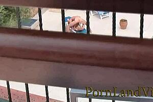 Blonde slut gives blowjob and fucks hairlessly at the outdoor pool party