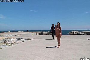 Bare Spanish slave endures public walking in bondage humiliation