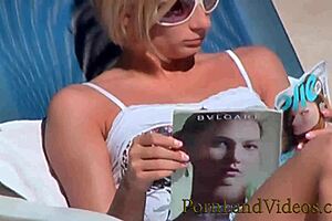 Blonde slut gives blowjob and fucks hairlessly at the outdoor pool party