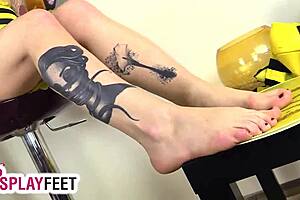 Sexy Bee In Cosplay Strips Off Heels And Striped Stockings For Foot Fetish