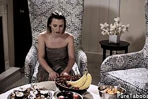 Taboo babe bounces on cock in close-up view.