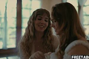 Lesbian couple lena paul explores hairy pussy and big tits