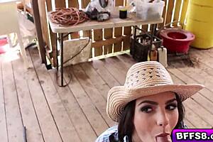 Horny Farm Girls in 4some Share Farmer's Big Cock for Blowjobs and Facials.