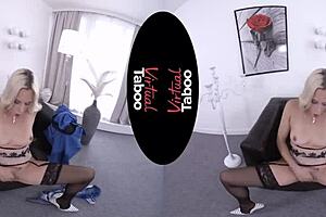 Blonde with big tits and shaved pussy masturbates in office POV taboo scene.