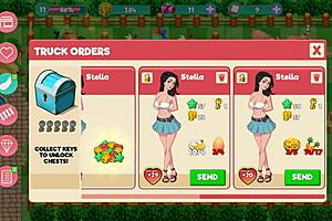 Milf pelirroja enseña tetas grandes en juego de granja de culos