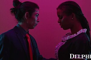 Sexy maid kira noir bends over to please customers with her petite tits and choking