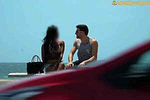 Brown Venezuelan Girl with Big Fake Boobs Kneels at Beach. Then I Take Her Home to Destroy Her Pussy!