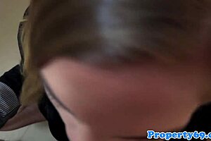 this amateur estate agent is sucking cock in lingerie at work from pov