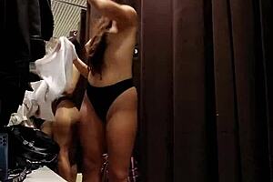 Petite brunette masturbates to risky orgasm!