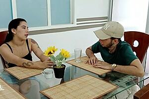 Latina stepsister bent over for doggystyle blowjob and cum in mouth