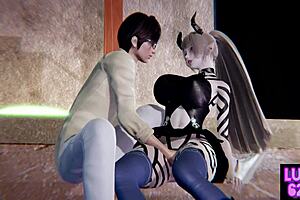 Black Magic Girl Performs Double Blowjob on Big Cock with Big Tits and Oral Sex in 3D