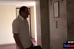 A Asian amateur couple invites their next door Thai neighbor for some indoor fun