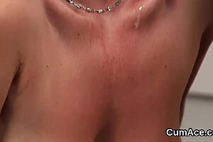 I am the hot bombshell getting cumshot on my face while sucking all the jizz.