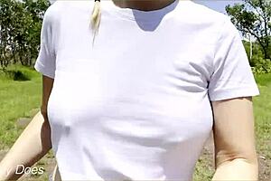 Hot milf running in wet shirt crop top for public exhibitionist dare