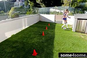 Group hardcore sex with a lucky guy who gets a thick shaft in three sporty soccer girls