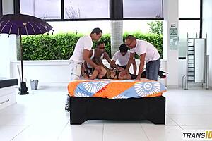 Busty Latina Tgirl In Outdoor Group Scene With Heels