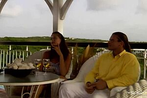 Blonde eats brunette's shaved pussy, guy joins with monster cock