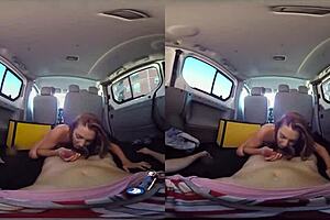 Wild naughty brunette gives blowjob in van vr