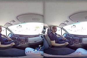 Wild naughty brunette gives blowjob in van vr