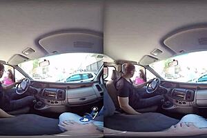 Wild naughty brunette gives blowjob in van vr