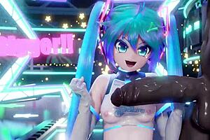 Deep throat show of Miku with a massive monster cock