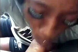 Ebony chick sucks white dick wet sloppy interracial cumshot