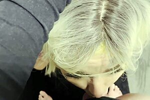 Blonde endures rough deepthroat blowjob in intense sex session.