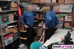 stunning shoplifter gets caught by police and punished with a big cock blowjob at work.