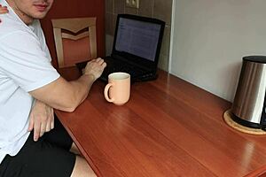 the old housewife cheated on her husband with the computer engineer on the desk, swallowing his cum in a real betrayal