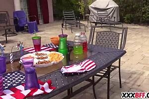 Teen amatuer threesome with petite girls and big cock on Independence Day