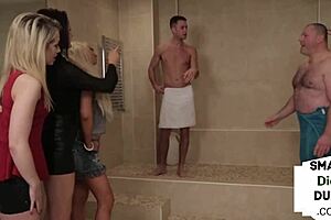 I'm this classy domina humiliating a small cock loser in cfnm group, he sucked so bad and got handjob!