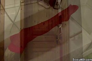 German hot teen 18+ in stockings gives perfect blowjob in bathtub