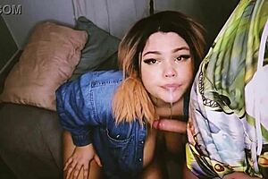 BBW woman sucks cock in homemade scene, cum in mouth.