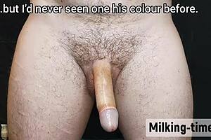 Slut mistress oils up his cock for intense milking session