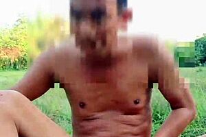 Myanmar gay twink plays naked outdoor solo in anal assfucking