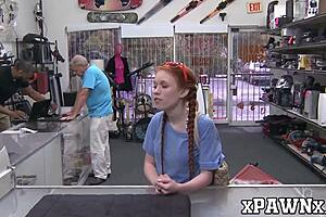Little redhead temptress fucks for cash in pawnshop