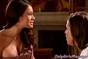 Lesbian masseuses with big tits trib and massage in threesome.